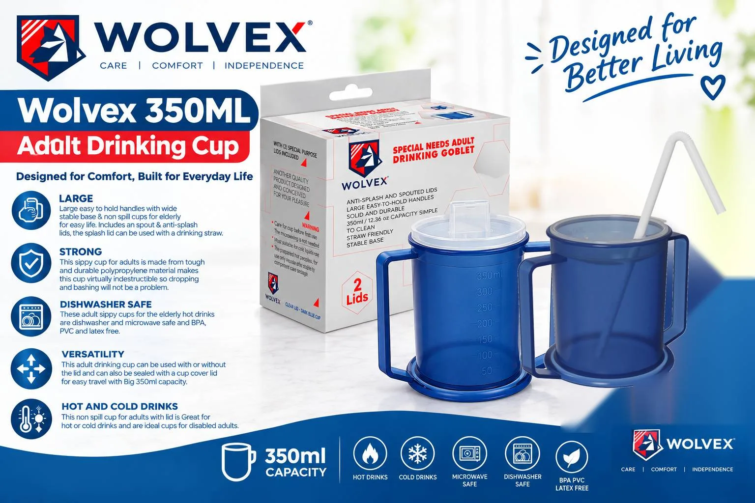 Adult with hand tremor holding a two-handled non-spill drinking cup with anti-spill lid