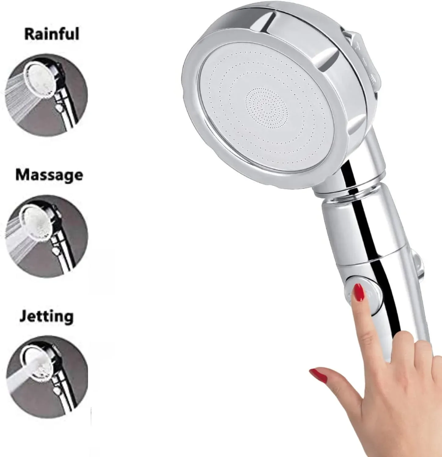 Handheld chrome shower head with an on/off pause button on the handle