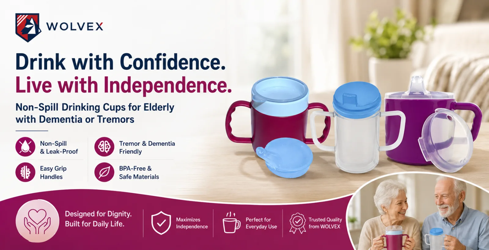 Wolvex non-spill two-handled drinking cups for elderly people with dementia or tremors, shown in maroon, clear and purple