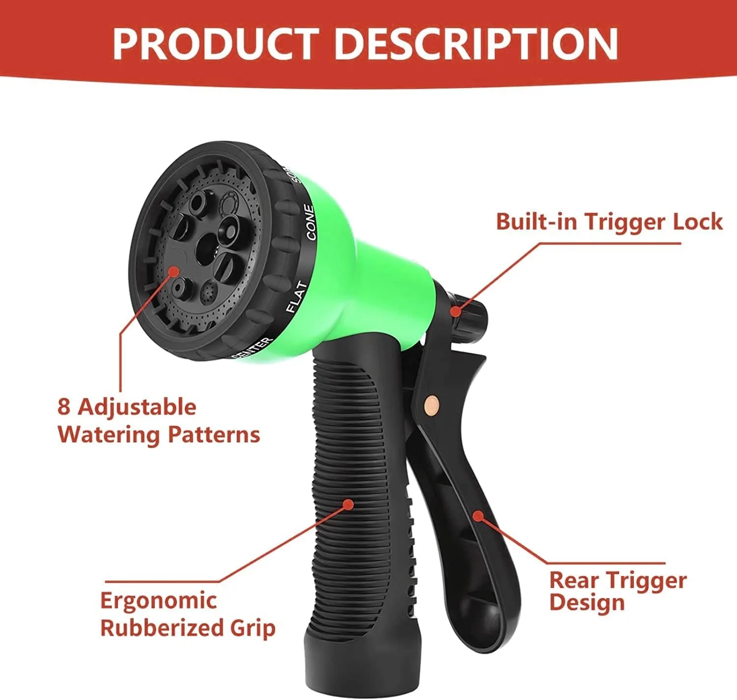 Hose Spray Gun, 5-Pattern Nozzle – Red
