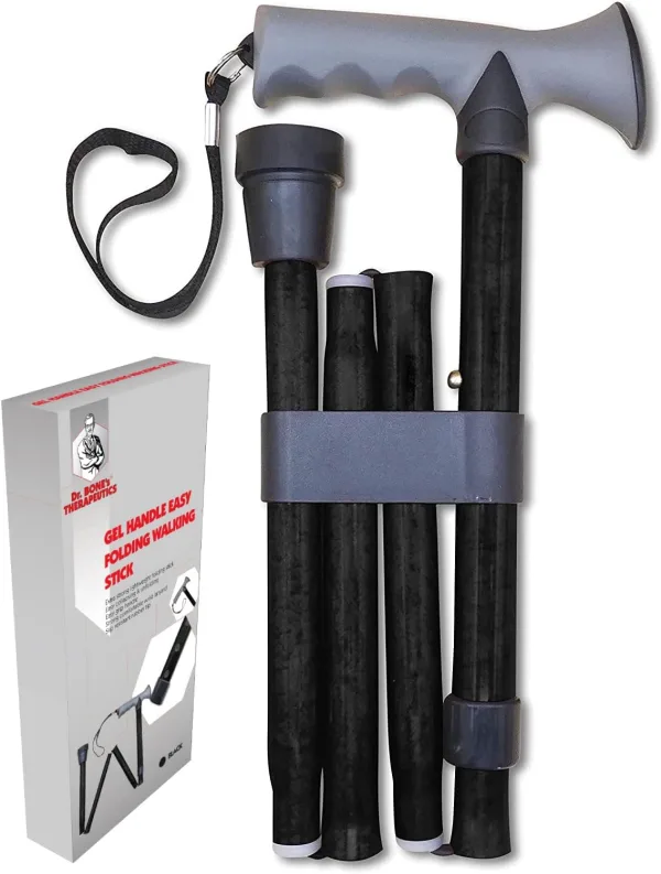 Folding Walking Stick with Gel Handle – Black