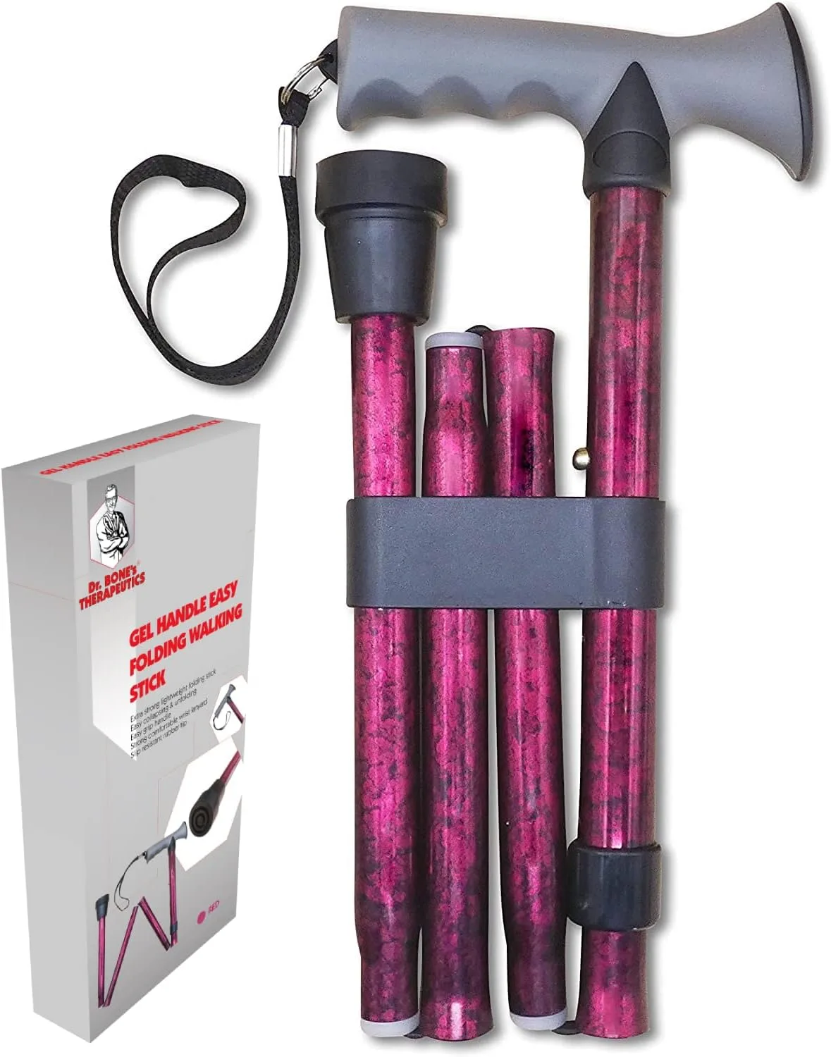 Folding Walking Stick with Gel Handle – Red Crackle