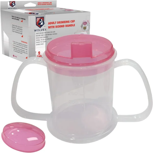 Wolvex 350ML Adult Drinking Cup with Comfortable Round Handle, 2 Style Lids, and Anti-Spill Features - Ideal Beaker for Disabled Adults, Dishwasher & Microwave Safe, Lightweight, BPA-Free Sippy (Blue)