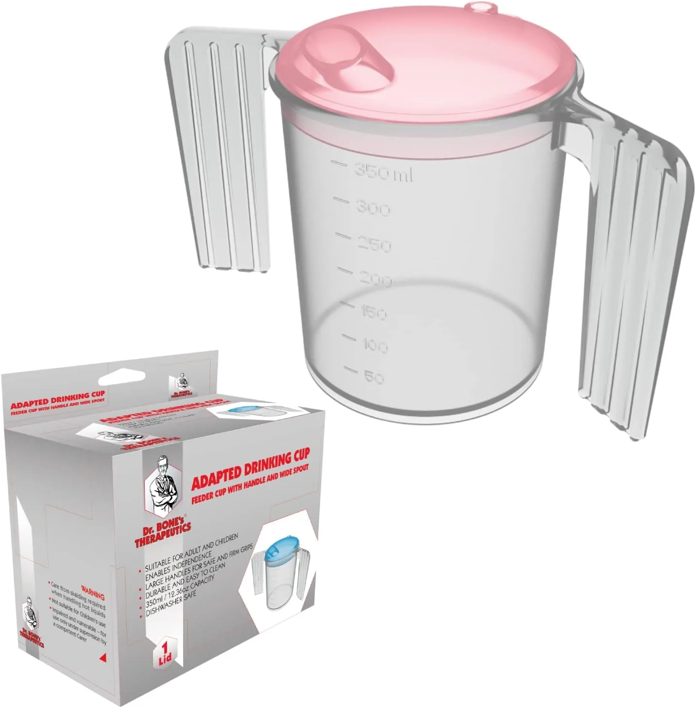 350ml Two-Handled Feeding Cup, Wide Spout – Pink Lid
