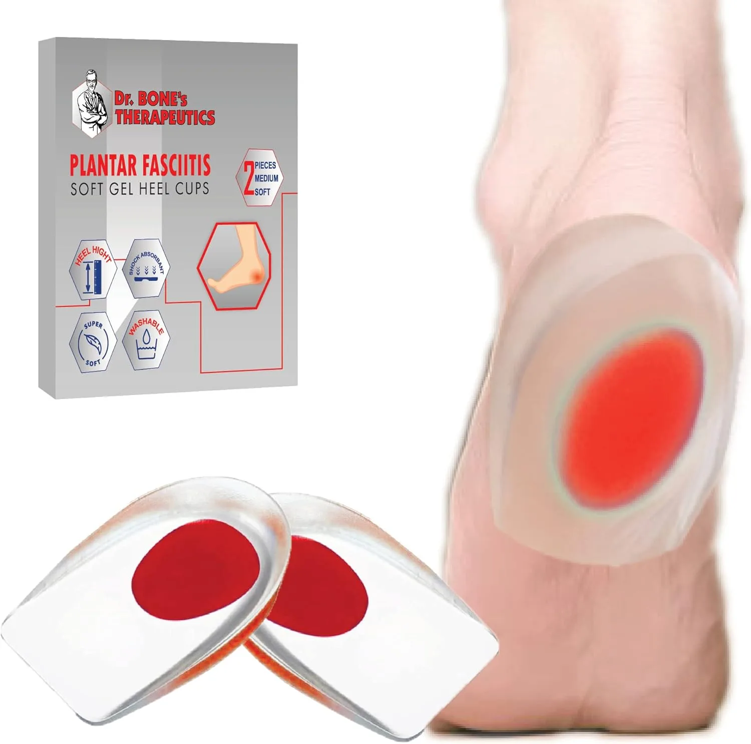 Gel Heel Cups, Size 3–6.5, Red, 2 Pack